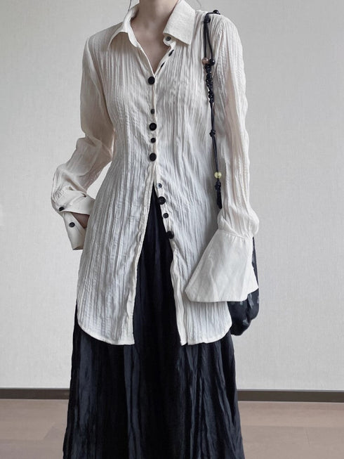 中性的 シワ加工モダンロングシャツ ホワイト ブラック /ユニセックス ・メンズ モレビー|モード系ファッションブランド