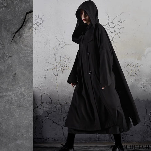 モダンブラックロングコート フード付き /ユニセックス ・メンズ モレビー|モード系ファッションブランド