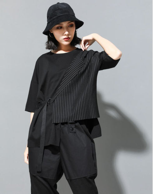 五分袖Tシャツ/カットソー ストライプ アシンメトリー /ユニセックス モレビー|モード系ファッションブランド