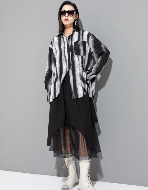 アシンメトリーストライプモノトーン白黒長袖シャツ /ユニセックス モレビー|モード系ファッションブランド