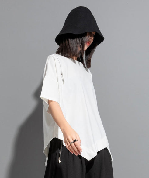 アシンメトリー半袖Tシャツ/カットソー ブラック ホワイト /レディース モレビー|モード系ファッションブランド