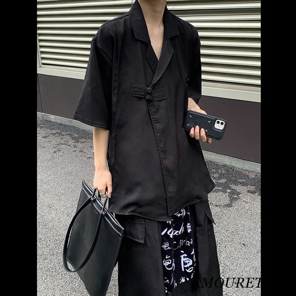 羽織風半袖和風シャツ 半袖 ブラック /ユニセックス ・メンズ モレビー|モード系ファッションブランド