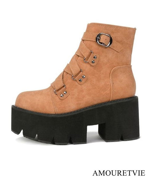 レザーブーツ ショートブーツ 防水 厚底 バックル 黒 ブラック ブラウン /レディース モレビー|モード系ファッションブランド