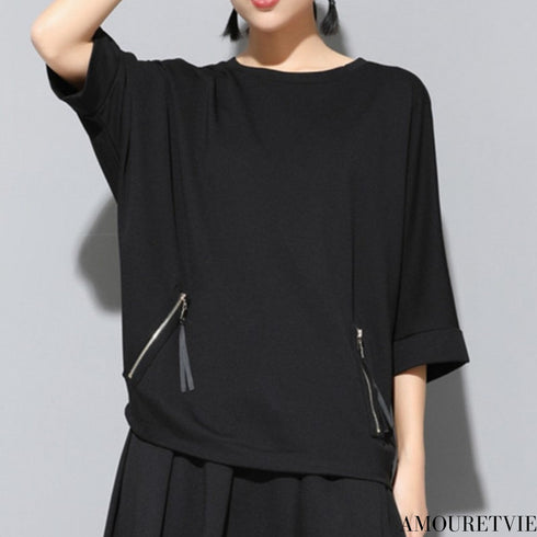 ファスナー付き七分袖Tシャツ/カットソー 黒 ブラック /ユニセックス モレビー|モード系ファッションブランド