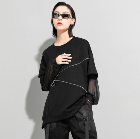 Tメッシュ仕様アシンメトリー長袖Tシャツ/カットソー ファスナー 黒 ブラック /レディース モレビー|モード系ファッションブランド