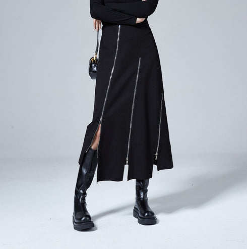 アシンメトリーファスナースタイルロングスカート ブラック 黒 /レディース モレビー|モード系ファッションブランド