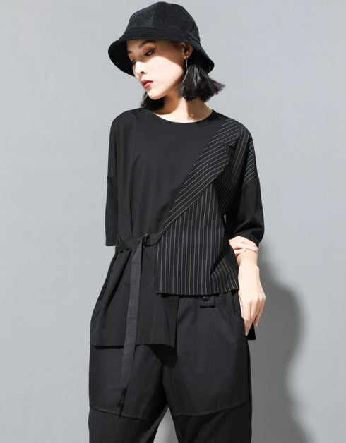 五分袖Tシャツ/カットソー ストライプ アシンメトリー /ユニセックス モレビー|モード系ファッションブランド