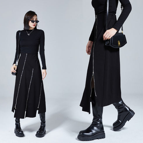 アシンメトリーファスナースタイルロングスカート ブラック 黒 /レディース モレビー|モード系ファッションブランド