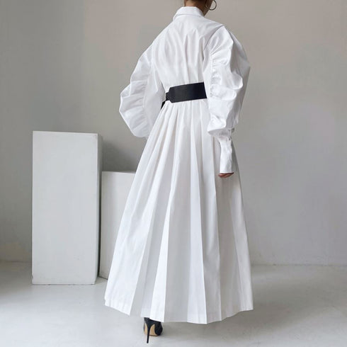 ベルト付きロングワンピース ランタンスリーブ パフスリーブ ホワイト ブルー /レディース モレビー|モード系ファッションブランド