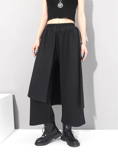 中性的 アシンメトリー袴パンツ フェイクレイヤード ブラック 9分丈 /ユニセックス ・メンズ モレビー|モード系ファッションブランド