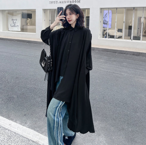 アシンメトリーモダンブラックロングシャツ /レディース モレビー|モード系ファッションブランド