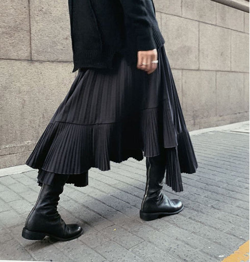 レイヤード風アシンメトリープリーツロングスカート ブラック 黒 /レディース モレビー|モード系ファッションブランド