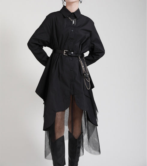 メッシュ仕様ミディ丈ワンピース ブラック ホワイト /レディース モレビー|モード系ファッションブランド