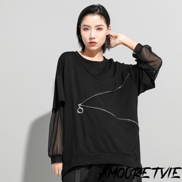 Tメッシュ仕様アシンメトリー長袖Tシャツ/カットソー ファスナー 黒 ブラック /レディース モレビー|モード系ファッションブランド