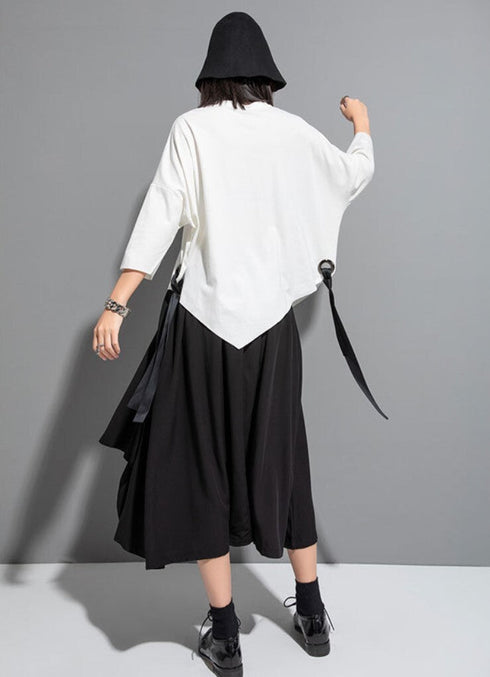 ヘムアシンメトリー七分袖Tシャツ/カットソー ホワイト ブラック /レディース モレビー|モード系ファッションブランド