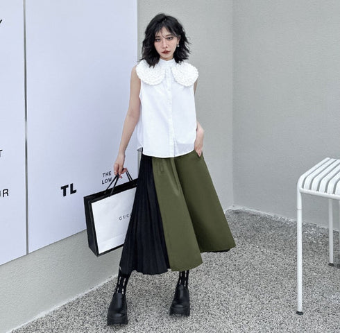 プリーツハーフパンツ アシンメトリークロップドパンツ バイカラー /レディース モレビー|モード系ファッションブランド