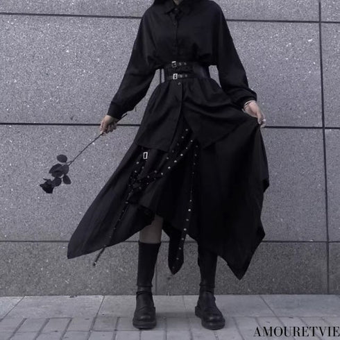 中性的 長袖シャツ ロングスカート ベルト付き ブラック ゴシック /ユニセックス ・メンズ モレビー|モード系ファッションブランド