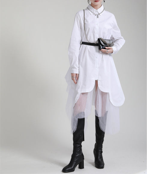 メッシュ仕様ミディ丈ワンピース ブラック ホワイト /レディース モレビー|モード系ファッションブランド