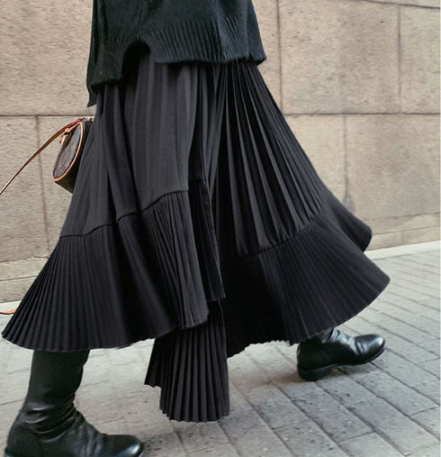 レイヤード風アシンメトリープリーツロングスカート ブラック 黒 /レディース モレビー|モード系ファッションブランド