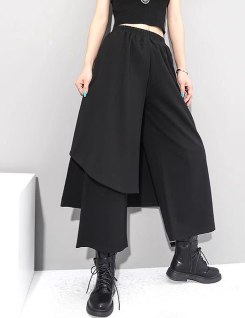 中性的 アシンメトリー袴パンツ フェイクレイヤード ブラック 9分丈 /ユニセックス ・メンズ モレビー|モード系ファッションブランド
