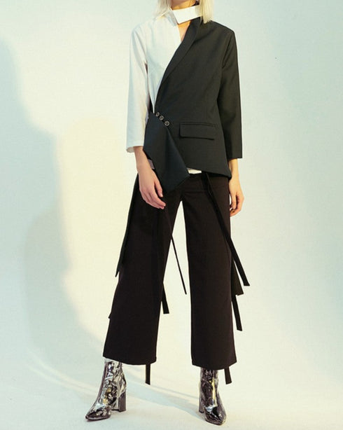 バイカラーアシンメトリージャケット モノトーン白黒スーツ /レディース モレビー|モード系ファッションブランド