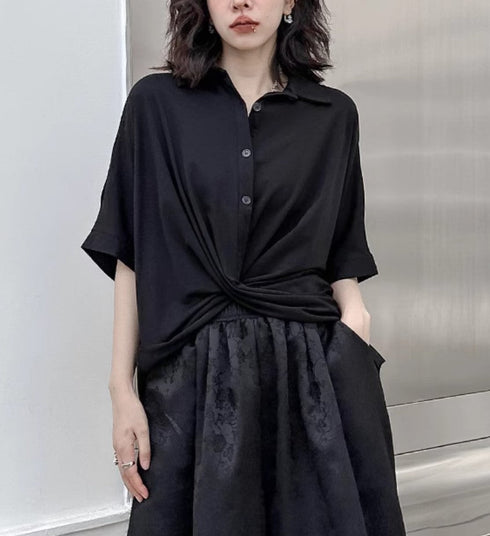 クロスヘム半袖シャツ/ブラウス ブラック /レディース モレビー|モード系ファッションブランド
