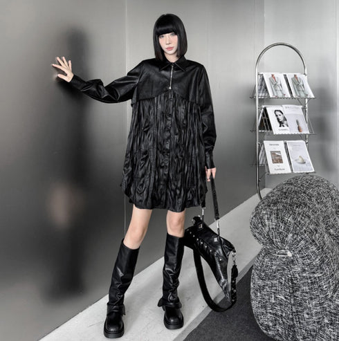 クリンクルしわ加工モダンレザーロングシャツ/ブラウス シック おしゃれ /レディース モレビー|モード系ファッションブランド