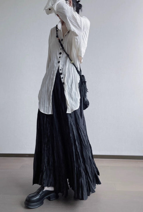 中性的 シワ加工モダンロングシャツ ホワイト ブラック /ユニセックス ・メンズ モレビー|モード系ファッションブランド