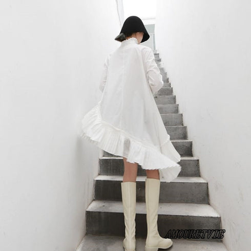 ミディ丈プリーツ仕様アシンメトリーワンピース フリル /レディース モレビー|モード系ファッションブランド