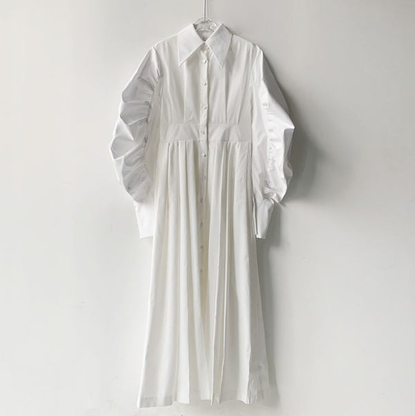 ベルト付きロングワンピース ランタンスリーブ パフスリーブ ホワイト ブルー /レディース モレビー|モード系ファッションブランド