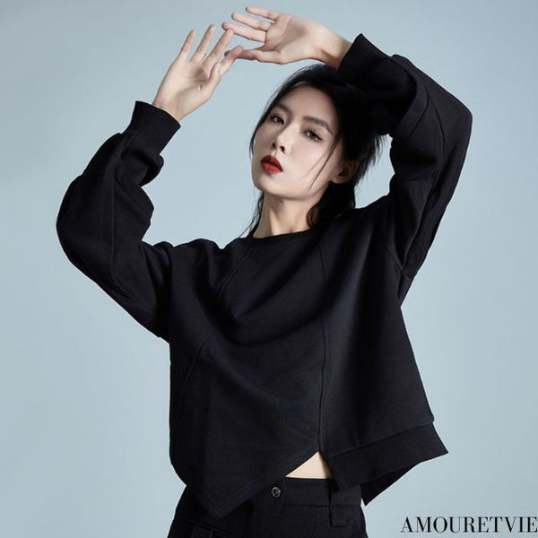 アシンメトリーブラックパーカー/スウェット スリット /レディース モレビー|モード系ファッションブランド