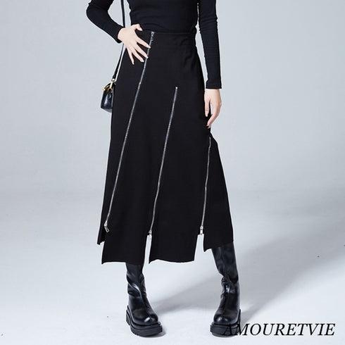 アシンメトリーファスナースタイルロングスカート ブラック 黒 /レディース モレビー|モード系ファッションブランド