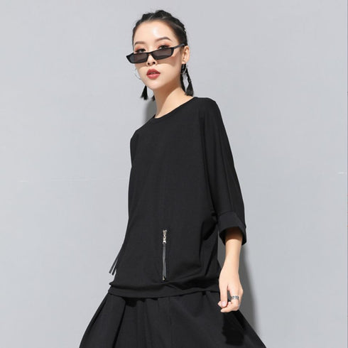 ファスナー付き七分袖Tシャツ/カットソー 黒 ブラック /ユニセックス モレビー|モード系ファッションブランド