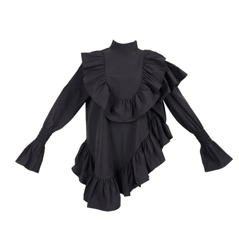 プリーツフリルロングシャツ/ブラウス アシンメトリー ブラック ホワイト /レディース モレビー|モード系ファッションブランド