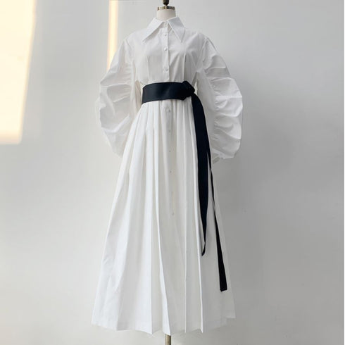 ベルト付きロングワンピース ランタンスリーブ パフスリーブ ホワイト ブルー /レディース モレビー|モード系ファッションブランド