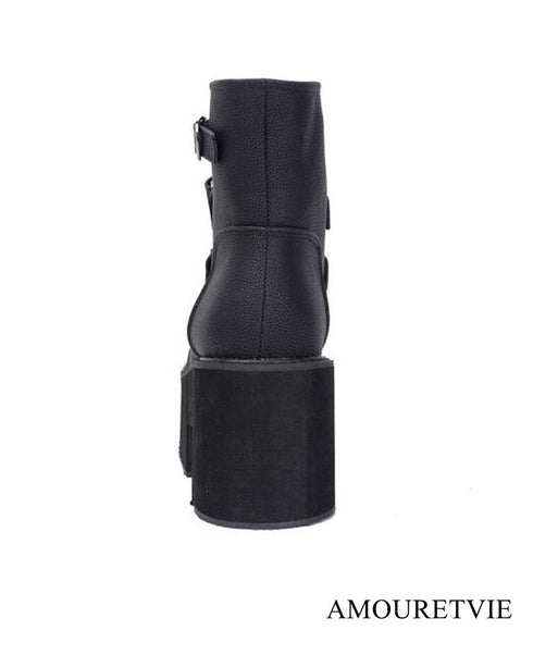 レザーブーツ ショートブーツ 防水 厚底 バックル 黒 ブラック ブラウン /レディース モレビー|モード系ファッションブランド