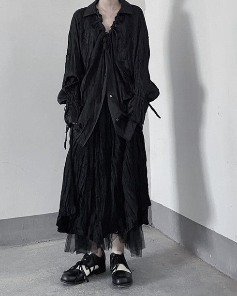 しわ加工長袖ロングシャツ/ブラウス おしゃれ クリンクル 無地 /ユニセックス モレビー|モード系ファッションブランド