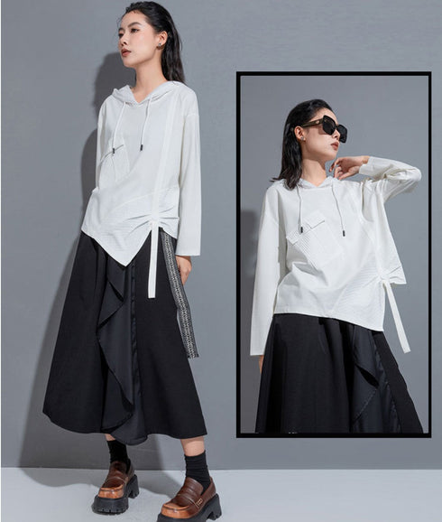 モダンアシンメトリー長袖Tシャツ/カットソー ブラック ホワイト /レディース モレビー|モード系ファッションブランド