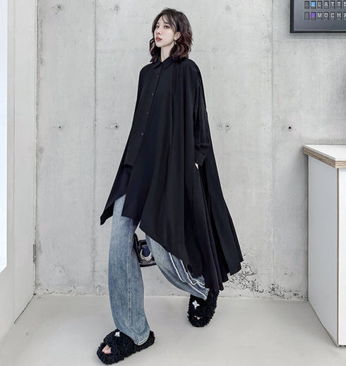 アシンメトリーモダンブラックロングシャツ /レディース モレビー|モード系ファッションブランド