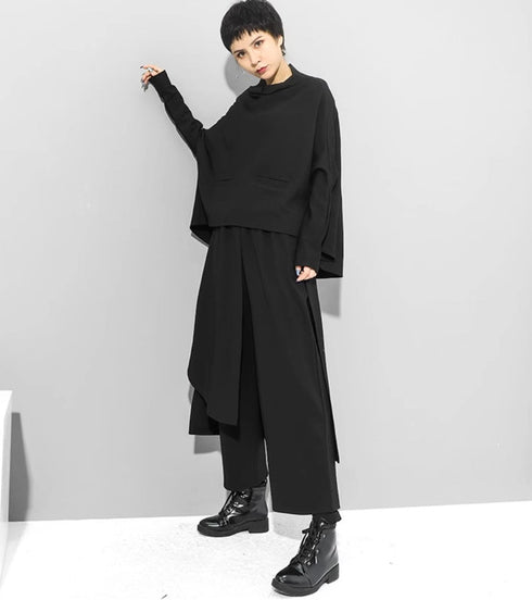 中性的 アシンメトリー袴パンツ フェイクレイヤード ブラック 9分丈 /ユニセックス ・メンズ モレビー|モード系ファッションブランド