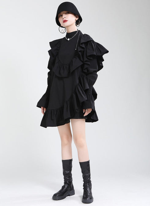 プリーツフリルロングシャツ/ブラウス アシンメトリー ブラック ホワイト /レディース モレビー|モード系ファッションブランド