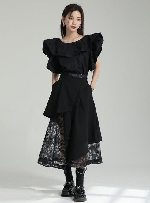 花柄レースロングスカート アシンメトリー /レディース モレビー|モード系ファッションブランド