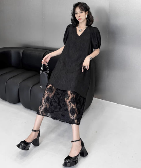 Aラインスカート半袖レース仕様ロングワンピース /レディース モレビー|モード系ファッションブランド