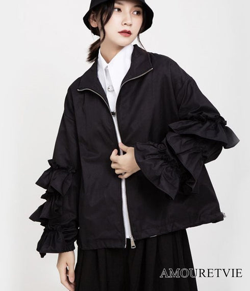 バブルスリーブフリルブルゾン ジャケット 黒 ブラック /レディース モレビー|モード系ファッションブランド