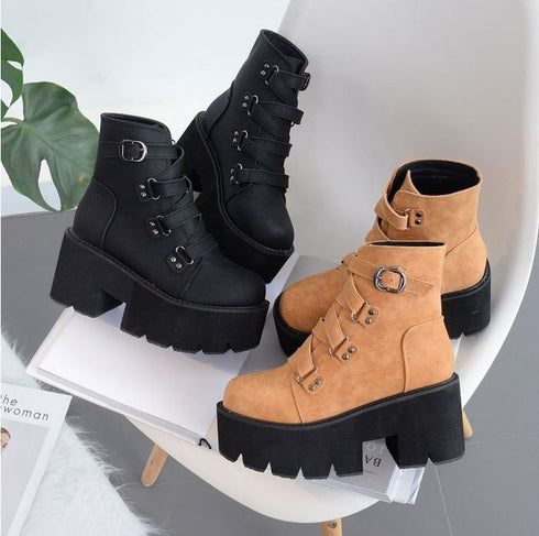 レザーブーツ ショートブーツ 防水 厚底 バックル 黒 ブラック ブラウン /レディース モレビー|モード系ファッションブランド