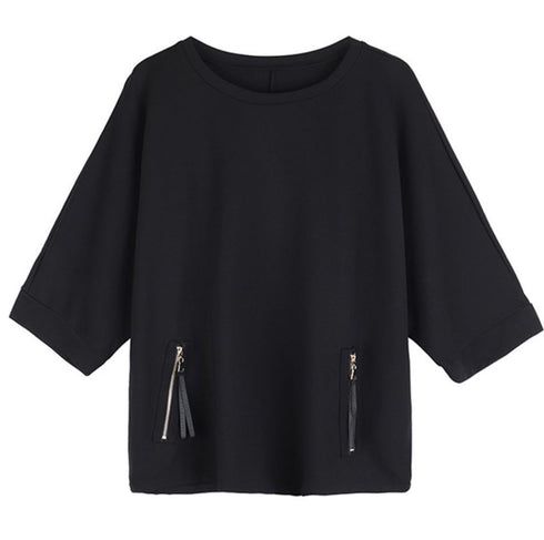 ファスナー付き七分袖Tシャツ/カットソー 黒 ブラック /ユニセックス モレビー|モード系ファッションブランド