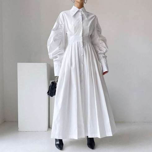 ベルト付きロングワンピース ランタンスリーブ パフスリーブ ホワイト ブルー /レディース モレビー|モード系ファッションブランド