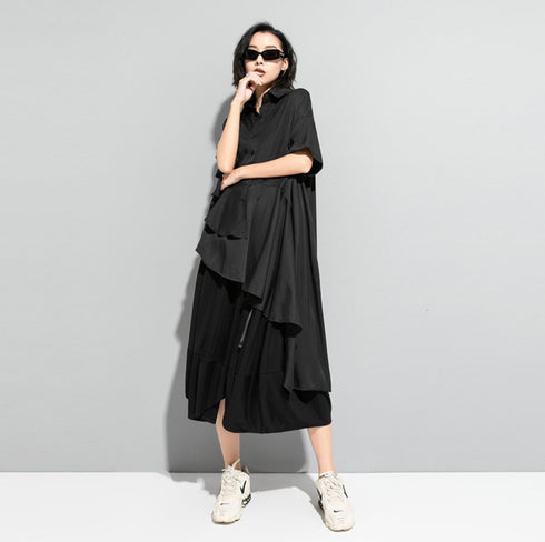 プリーツ仕様アシンメトリーロングシャツ /レディース モレビー|モード系ファッションブランド