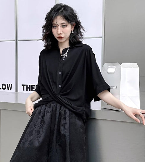 クロスヘム半袖シャツ/ブラウス ブラック /レディース モレビー|モード系ファッションブランド