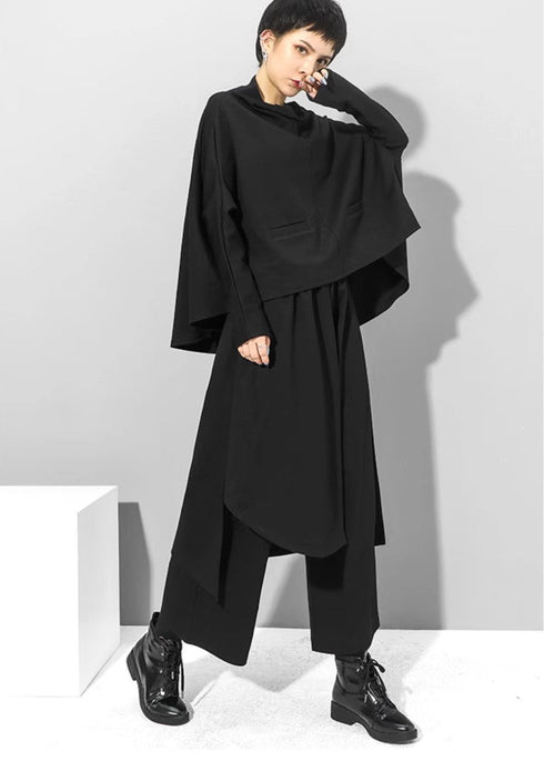 中性的 アシンメトリー袴パンツ フェイクレイヤード ブラック 9分丈 /ユニセックス ・メンズ モレビー|モード系ファッションブランド